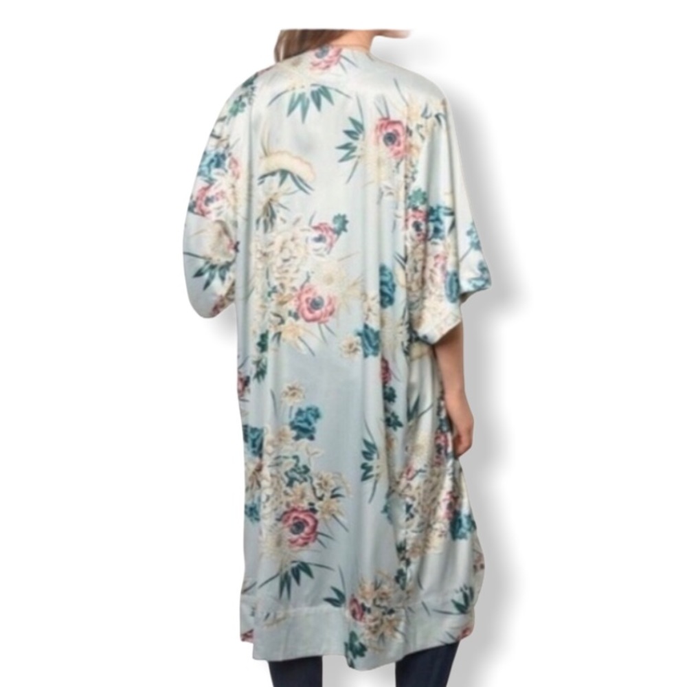 Mint Satin Robe with Floral Pattern